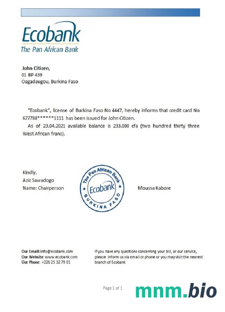 Przykład odniesienia do Ecobanku Burkina Faso w formatach Word i PDF